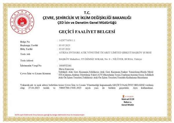 Atıktan Türetilmiş Yakıt (ATY) Geçici Faaliyet Belgesi Atıktan Türetilmiş Yakıt (ATY) Geçici Faaliyet Belgesi