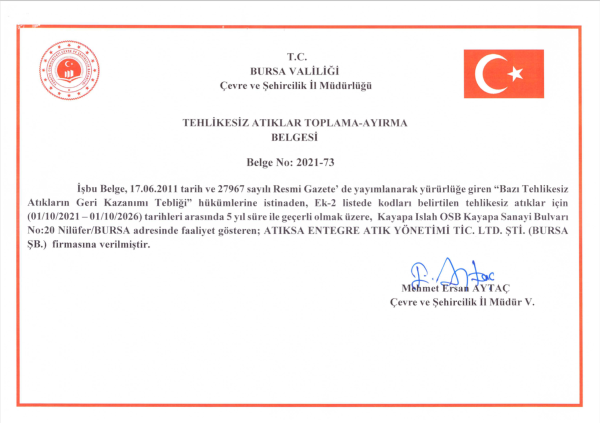 Tehlikesiz Atık Toplama- Ayırma Belgesi Tehlikesiz Atık Toplama- Ayırma Belgesi